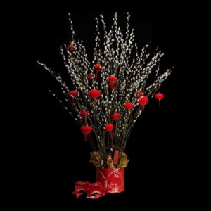 CNY Dried Pussy Willow with Deco in Red Basket (旺财之花）(1.2mH)